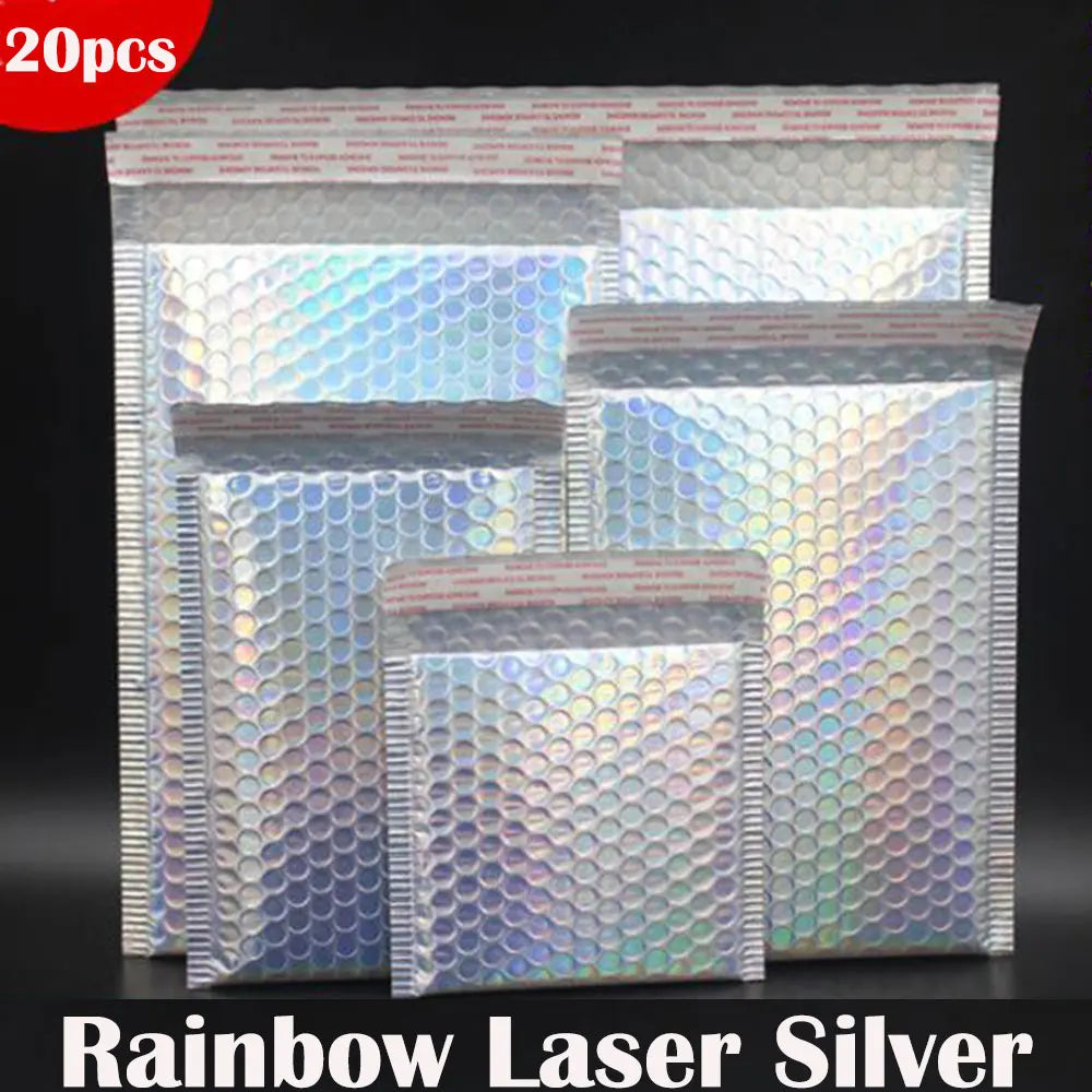 20 Pcs Aluminum Foil Bubble Mailer Rainbow Laser Packaging Padded Shipping Envelopes Gift Bubble Bag Self Adhesive Courier Bag