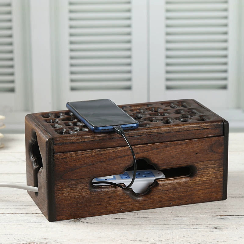 Thailand Wood Carving Power Strip Wire Storage Box