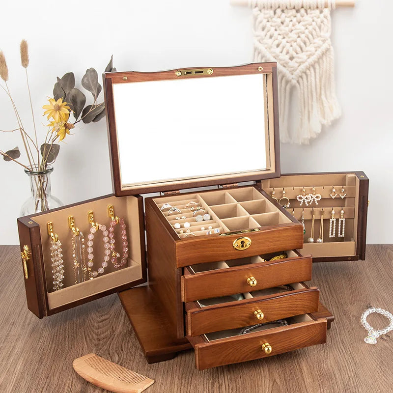 Wood Jewelry Box Big Size Ring Necklace Earrings Jewelry Box Organizer Drawer Bracelet Display Stand Women Accessories Storage