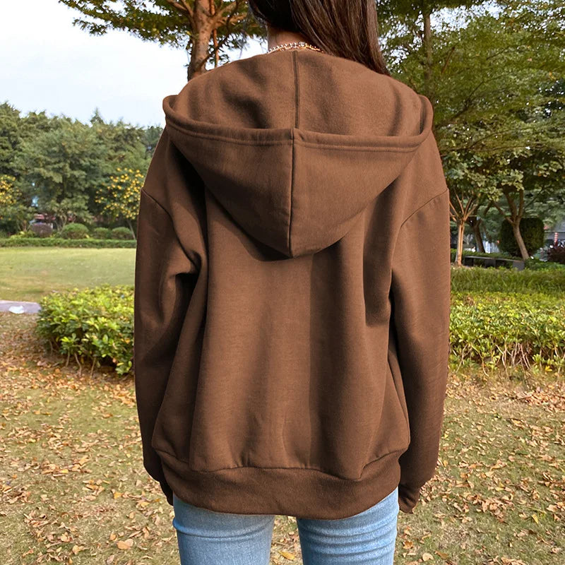 Autumn Fleece Hoodie Solid Color Hooded Korean Fashion Sweatshirts Long Sleeve Top Drawstring Pockets Loose Zipper Black Hoodies