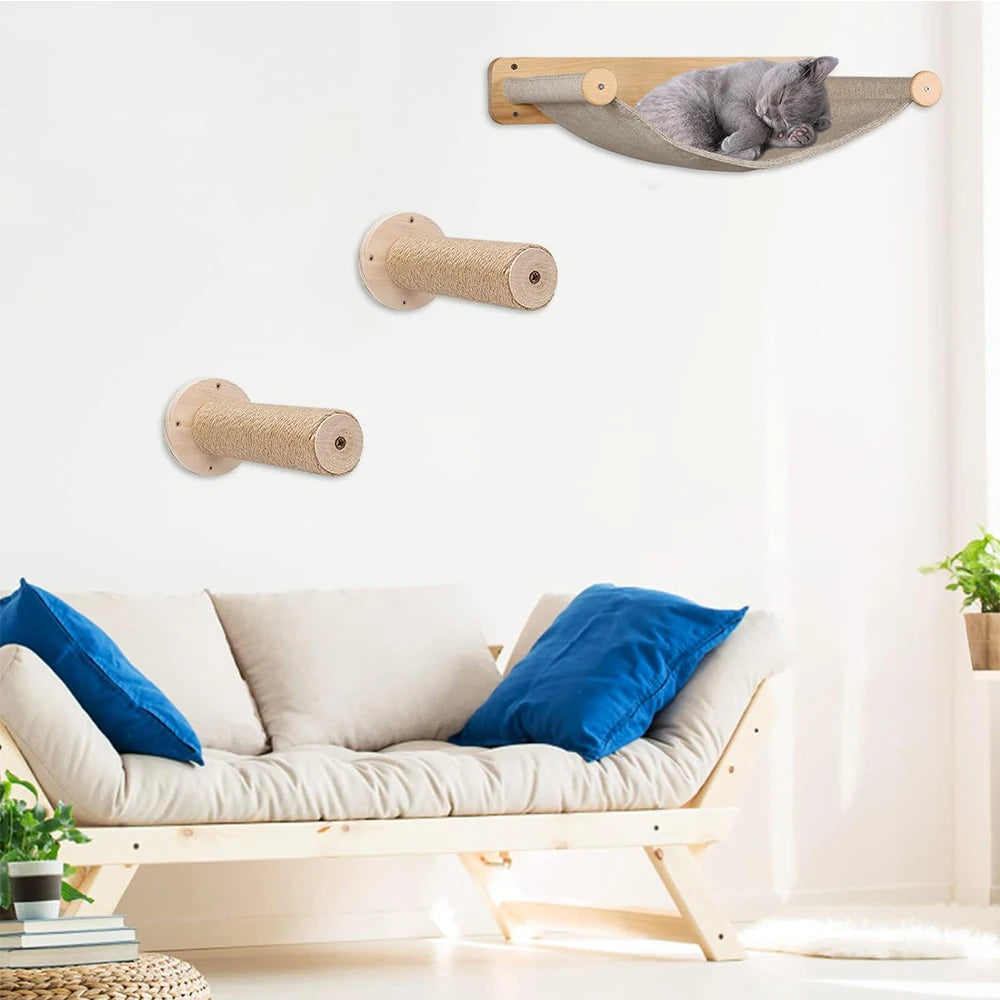 Wall-mounted Multiple Combination Cat Shelf Hammock With Sisal Cat Grab Post Ladder And Cat Pedal Jump Platform Cat House