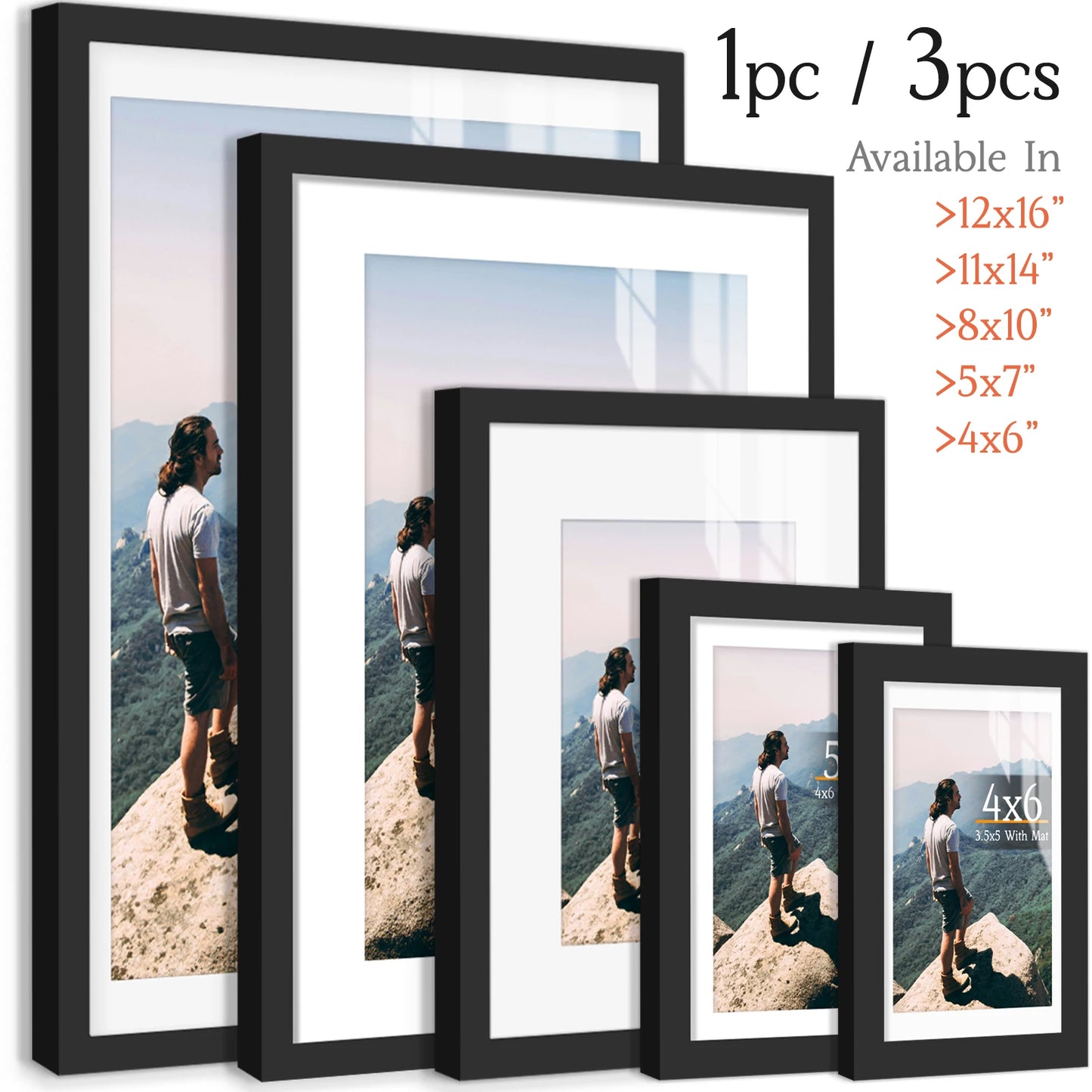 Matte Black/WoodColor Wall Gallery Picture Frame, 12x16/11x14/8x10/8x8/5x7/4x6 Inch, Matte/Wood Grain Wall Hanging Photo Frame