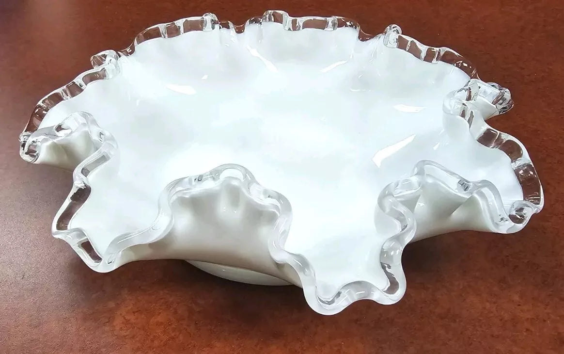 Vintage 8 inch Fenton Ruffled White Milk Glass Candy Dish