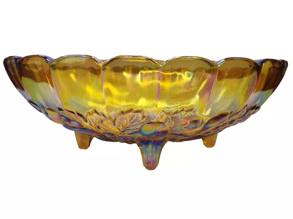 Vintage Indiana Iridescent Carnival Glass Amber/ Blue/ Green Oval Bowl