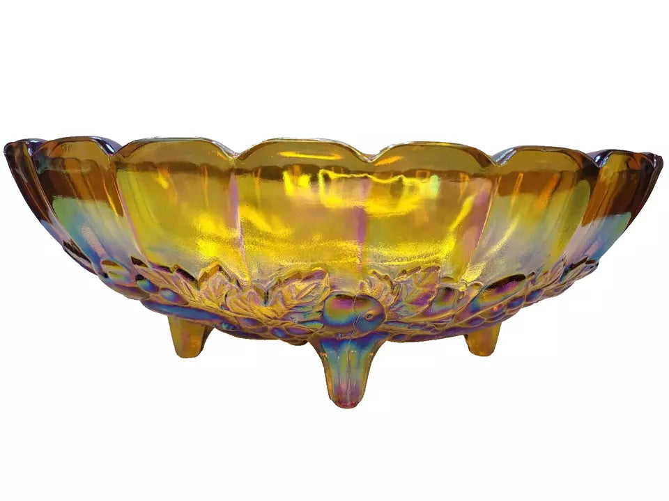 Vintage Indiana Iridescent Carnival Glass Amber/ Blue/ Green Oval Bowl